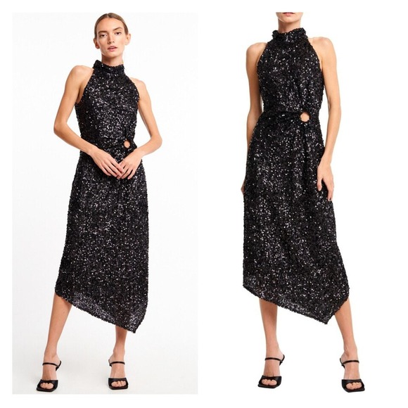 Ciebon Dresses & Skirts - CIEBON Signy Sequin Asymmetrical Gown Womens Small Black Halter Midi Sleeveless